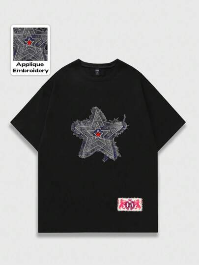 Street Life Camiseta de manga corta con bordado de estrella de cinco puntas para hombres, adecuada para uso diario en primavera/verano