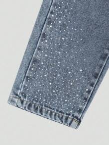 2pcs/Set Girls Casual Comfortable Vacation Fashion Street Chic Cute Washed Soft Non-Stretch Loose Denim Long Pants And Cropped Camisole Vest, Lightweight Summer Fall Winter - Dark Wash - View 5