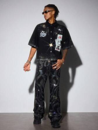 Street Life Men's Fashion Pocket Sparkling Diamond Layered Flare Jeans