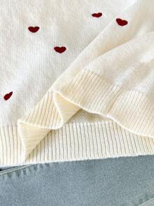 SHEIN Tween Girl Casual   Pullover Sweater, Elegant Embroidered Lace Trim Heart Embroidery Loose Raglan Sleeve Pullover Sweater, Soft Comfortable Thick In Fall/Winter - Apricot - View 6