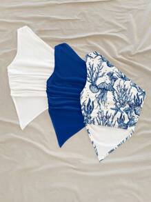 Soleia Áo thun nữ hở vai nhún bèo, viền bất đối xứng, họa tiết động vật đại dương, họa tiết xanh dương, 3 chiếc thích hợp để đi chơi, áo thun xanh dương và trắng, áo thun nữ hở vai màu xanh dương và trắng - Nhiều màu - Xem 2