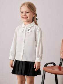 PrepCrw 年轻女孩学院风字母刺绣翻领前扣长袖衬衫 - 白色 - 查看 7
