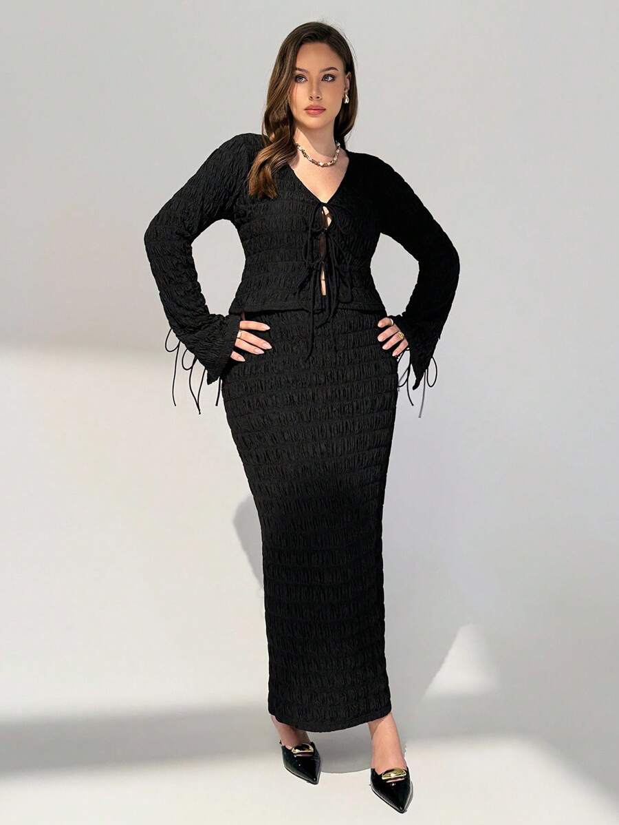 Auralis Plus-Size Ladies' Long Sleeve Suit, Ladies' Casual Suit, Black Suit, Blouse And Skirt Suit, Ladies' Two Pieces Suit,Fall Clothes For Women Lounge Sets For Women Rave Outfits Festival Going Out Outfits - Black - View 1