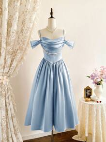 Vintamour 复古优雅缎面仿珍珠项链露肩连衣裙，女士正式派对节日服装，女士夏季连衣裙，女士夏季服装，女士夏季连衣裙，女士夏季度假服装，女士婚礼宾客礼服，女士生日礼服，夏季服装，女士生日服装，度假礼服，女士紧身胸衣连衣裙，夏季连衣裙，女士派对礼服，女士节日服装，女士早午餐服装 - 藍色 - 查看 1