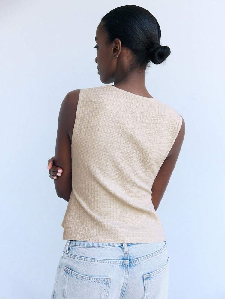 SHEIN Maija Blusa aderente in maglia con scollo a V, decorazione floreale in metallo e spacchi sul fondo, in tessuto effetto strutturato, colore tinta unita, da donna per l estate