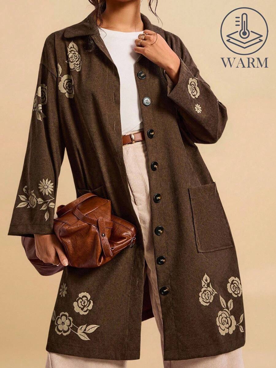 Travachic Áo khoác dài cổ màu nâu in hoa cỡ lớn cho nữ, áo khoác nhung kẻ có túi, trang phục thường ngày cho buổi hòa nhạc đồng quê, nhà thờ, tiệc tùng mùa thu đông, áo khoác cài nút màu nâu cho buổi ra ngoài