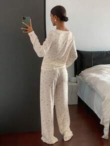 DAZY Ditsy Floral Lace Trim Patchwork Women Pajama Set, Fall Clothes - Beige - View 2