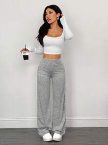 SHEIN PETITE 2pcs Women's Casual High Waist Fold-Over Wide Leg Straight Pants, Suitable For Summer,Fall - Multicolor - View 6