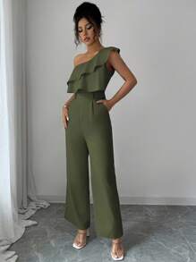 Elenzga Women's Vacation Style Office Commute Beach Party Oblique Shoulder Double Ruffle Waist Straight Loose Jumpsuit, Suitable For Spring/Summer - Army Green - View 5