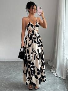 SHEIN PETITE 女士新款镂空蝴蝶结印花长裙，度假风格 - 杏色 - 查看 3