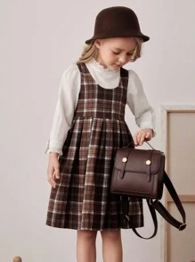 PrepCrw 女童格子拼接长袖连衣裙，学院风女童格子连衣裙，棕色格子连衣裙，女童棕色格子背带裙，女童格子背带裙，棕色格子连衣裙，女童 - 彩色 - 查看 4