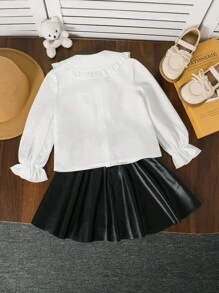 Set de 2 piezas de camisa casual de unicolor tejida y minifalda PU para niña joven - Blanco - Ver 6
