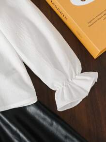 Set de 2 piezas de camisa casual de unicolor tejida y minifalda PU para niña joven - Blanco - Ver 8