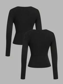 SHEIN EZwear 2 件黑色方领修身长袖休闲 T 恤套装，女士，秋冬 - 黑色 - 查看 2