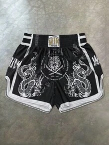 PAVTROS Manfinity Streetrush Manfinity Streetrush Men's Shorts One-Piece Set, Elastic Waist, High Tolerance, High Waist And Short Version, Super Shorts, Glossy Fabric With "Black And White Dragon And Tiger" Pattern, Thai Boxer Shorts, Sports Casual Basketball Shorts, Side Slits, Hot On Ins, Young Casual Sports Daily Commuting And Vacation Wear, The First Choice For Gifts For Boyfriends And Husbands, Couples Wear Dragon Shorts Muay Thai Shorts Men Kickboxing Shorts Black Graphic Shorts Graphic Shorts