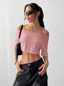 SHEIN Unity 女式白色露肩流苏短款上衣，超大街头风，百搭 Y2K 时尚性感短袖 T 恤，春夏