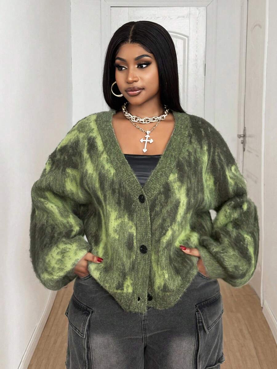 Maweii Plus Size Ombre Lantern Sleeve Cardigan, Autumn/Winter Fall Cloth For Women