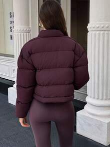 SHEIN LUNE 女士纯色长袖短款休闲宽松冬季夹克 - 酒紅色 - 查看 2