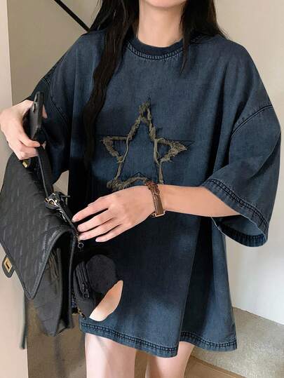 DAZY Women's Summer Round Neck Short Sleeve 3D Star Decor Loose Denim Casual Blouse