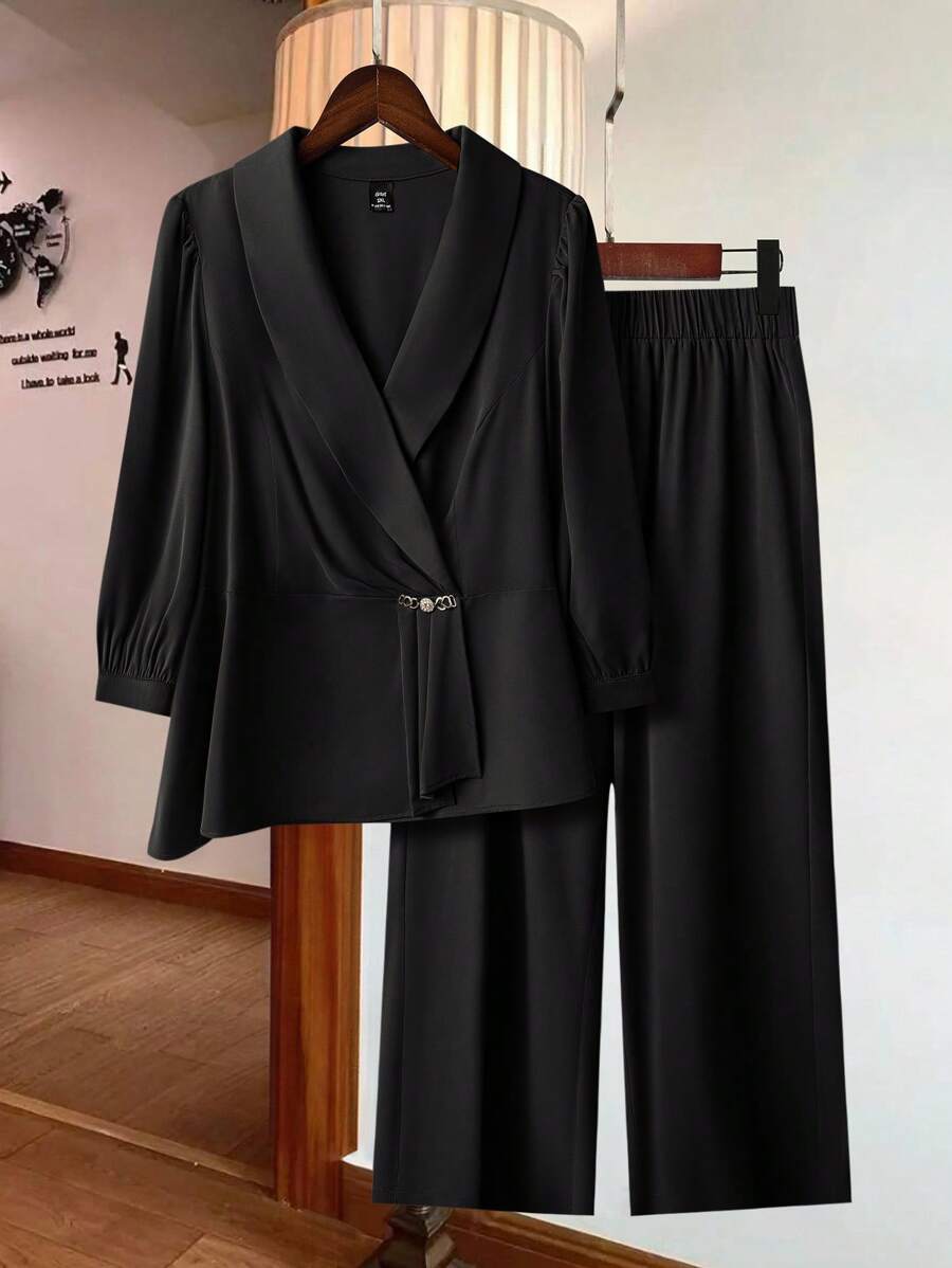 Modelyn Plus Size Women Solid Color Shawl Collar Long Sleeve Jacket And Pants Casual 2 Pieces Set - Black - View 1