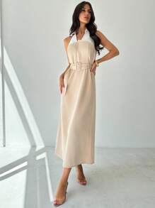 Firerie Women's Elegant Casual Commute Office Wear Fashion Versatile Khaki Shirt Collar 2 In 1 Sleeveless Tie-Waist Open Back A-Line Dress, Summer Outfit, Retro Style - Khaki - View 1