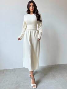 Firerie 女式朴素杏色优雅度假不对称领口垂坠露肩不对称无袖连衣裙，适合春夏秋冬，沙滩装，机场装，度假装，教师装 - 杏色 - 查看 3