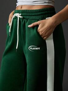 Missguided x Playboy Vintage Style Wide Leg Sweatpants Racing Stripe Side Panel Contrast Retro Track Pants Joggers With Drawstring Elastic Waist Double Side Pockets Fall Winter - Green - View 4