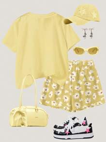 SHEIN Leap Crew 青少年女孩休闲简约短袖上衣和短裤两件套，适合夏季 - 彩色 - 查看 2