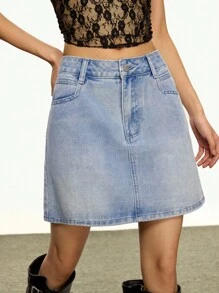 Rina Fox Casual Fashion Versatile Simple Button Women Denim Mini Skirt