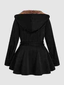 SHEIN Plus Size Solid Color Women Ruffled Hem Hooded Elegant Jacket Winter Fall Autumn - Black - View 2