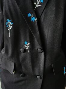 SHEIN EZwear 大码女式黑色翻领实用口袋刺绣花朵西装外套，秋冬，秋季，教师，工作，商务，办公室，学校，外出 - 黑色 - 查看 5