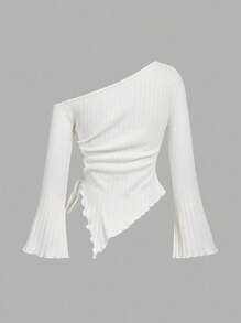 SHEIN MOD 两件装黑白女式不对称下摆喇叭袖T恤，带抽绳，不对称领口，罗纹袖，喇叭袖，单袖上衣，适合返校季、教师、可爱女性、万圣节服装、商务休闲女性、办公室女性穿着。 - 黑與白 - 查看 11