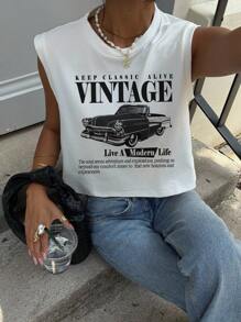 SHEIN Essnce 女士休闲圆领无袖短款背心，复古汽车印花，适合夏季 - 白色 - 查看 6