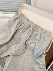 SHEIN PETITE Women's Fashion Casual Rhinestone Embellished High Waist Drawstring Sweatpants, Petite Fall Cloth For Women - Grey - View 4