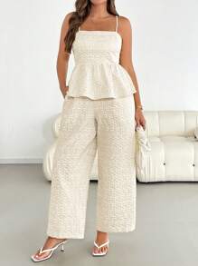 Auralis 大码女装春夏时尚休闲舒适日常立体纹理面料荷叶边吊带上衣和阔腿裤奶油黄色可爱两件套，欧洲夏季，度假装，裤子套装，夏威夷装女装 - 杏色 - 查看 5