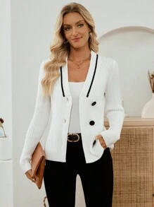 EMERY ROSE Cárdigan de mujer casual y versátil de color blanco con contraste, cárdigan de cuello en V, cárdigan acanalado, cárdigan casual de negocios para otoño, invierno y otoño con abotonadura - Blanco - Ver 10