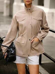 Hanevo Women's New Casual Waist Cinched Long Sleeve Jacket Fall Winter Cloth For Women - Khaki - View 5