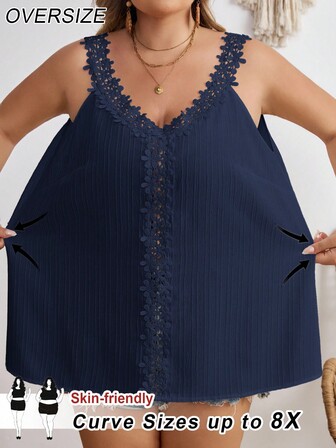 SHEIN CURVE+ 大码纹理面料蕾丝拼接女士吊带背心，波西米亚度假风