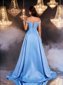 Glamrae 优雅奢华露肩彩色刺绣蕾丝拼布缎面长裙，适合婚礼、派对、度假、舞会、毕业典礼、正式场合（重刺绣） - 藍色 - 查看 4