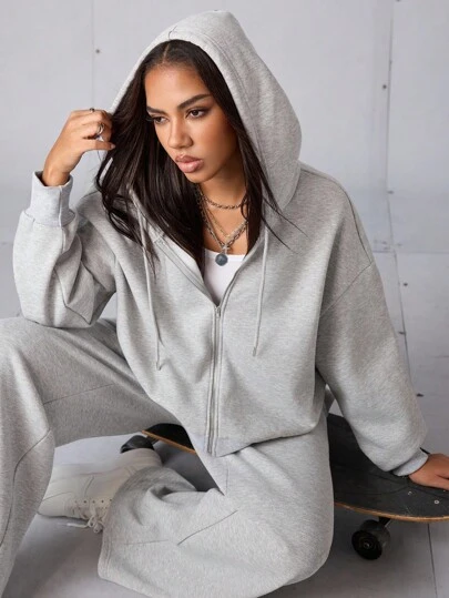 SHEIN Sports 女士运动卫衣灰色卫衣外套运动大学风休闲服外套秋季运动服套装冬季健身舒适运动休闲装，运动服，运动服，运动套装，板式网球，网球，匹克球，返校季，复古街头风。学院风，Blokecore，秋冬外套，秋冬外衣，保暖灰色外套卫衣上衣抓绒套头衫必备运动卫衣冬季休闲家居服经典街头风运动服