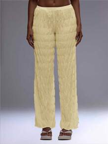 MUSERA Ruched Textured Straight Leg Trousers Summer 90's Boho Elegant Holiday Casual - Yellow - View 2