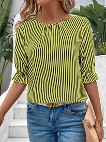 EMERY ROSE Áo sơ mi nữ cổ tròn, tay phồng, hàng khuy đơn, dáng rộng, đơn giản - Màu vàng - Xem 4