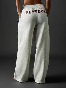 Missguided x Playboy Varsity Graphic Wide Leg Sweatpants Vintage Inspired Loungewear Retro Aesthetic Casual Fleece Bottom High Rise Baggy Comfort Streetwear Winter - Light Grey - View 2