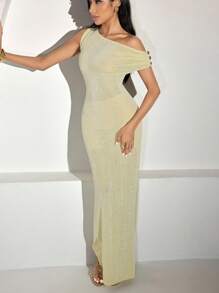 Modelyn Damen Einfarbiges asymmetrisches Schulter anliegendes Meerjungfrau-Saum elegantes Midi-Kleid