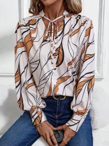 EMERY ROSE Women's Floral Print Tie Collar Long Sleeve Elegant Blouse, Spring/Autumn - Apricot - View 1