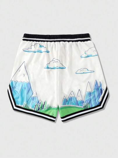 Adventure Time X ROMWE Pantalones cortos casuales de verano para hombres con cordón en la cintura y estampado de letras y dibujos animados