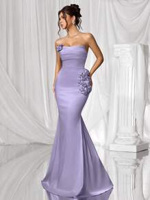 Coutiva 优雅性感褶皱抹胸下摆手工花朵设计美人鱼下摆晚礼服，适合婚礼宾客、生日派对、晚宴、鸡尾酒会、毕业典礼 - 紫色 - 查看 9