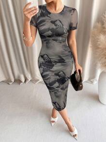 Lavishia Grön blommig klänning med rund halsringning och kort ärm för kvinnor - Grå - Visa 6