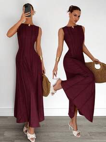 Siren Gaze 夏季新款褶皱无袖A字连衣裙 - 酒紅色 - 查看 6