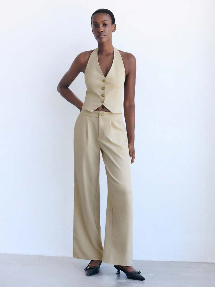 SHEIN Maija 2-Piece Women's Set, Featuring V-Neck Sleeveless Top With Rose Buttons, And Straight-Leg Pants, Versatile For All Seasons, Suitable For Business, Casual, Office Wear, Urban Professional Style  Business Casual Women's Office Wear Low-Key Old Money Style Effortless Temperament High-End Urban Commuting King Magazine Editor-In-Chief Same Style Urban Social Vacation Party Wear Charming Women's Airport Clothing Stockholm Style All-Season Women's Airport Clothing Stockholm Metal Decoration Fall Clothes